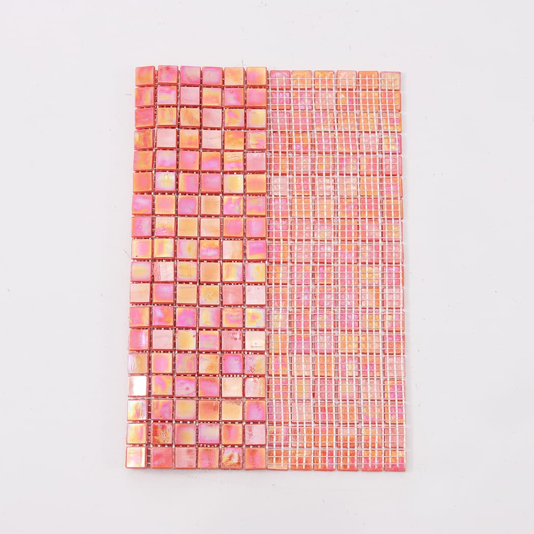 Pink orange iridescent square glass mosaic tile sheet showing front and mesh backing