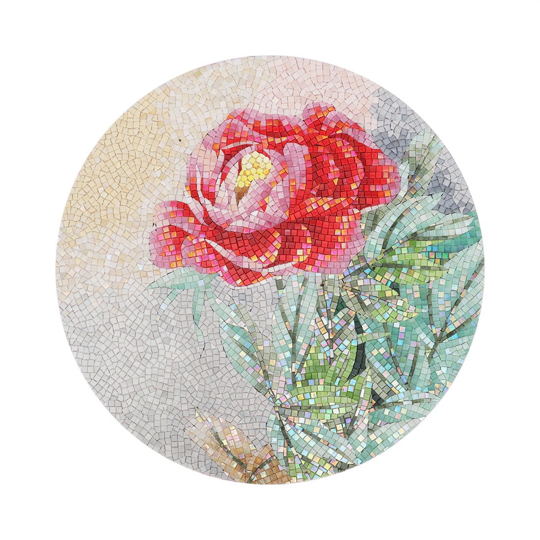Round pink peony mosaic wall art front view with green leaves