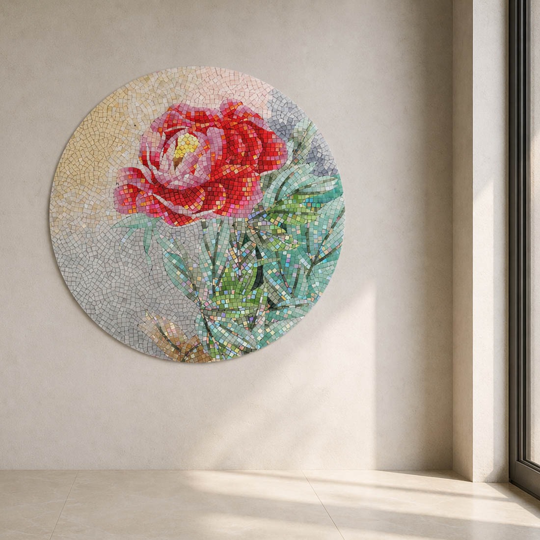 Pink peony round mosaic wall decor in a bright interior