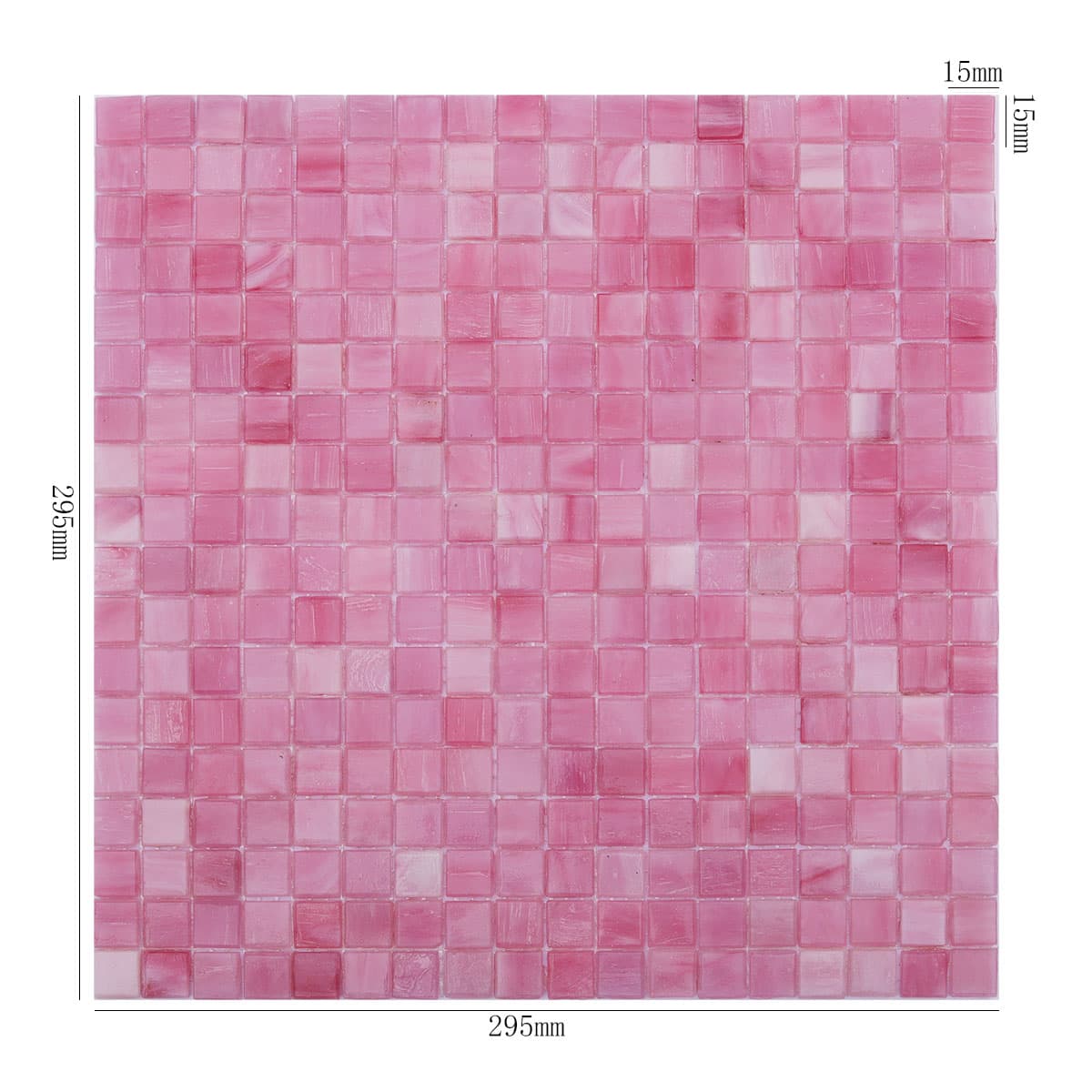 Full sheet of pink square glass mosaic tile with 15mm grid and 295mm dimensions