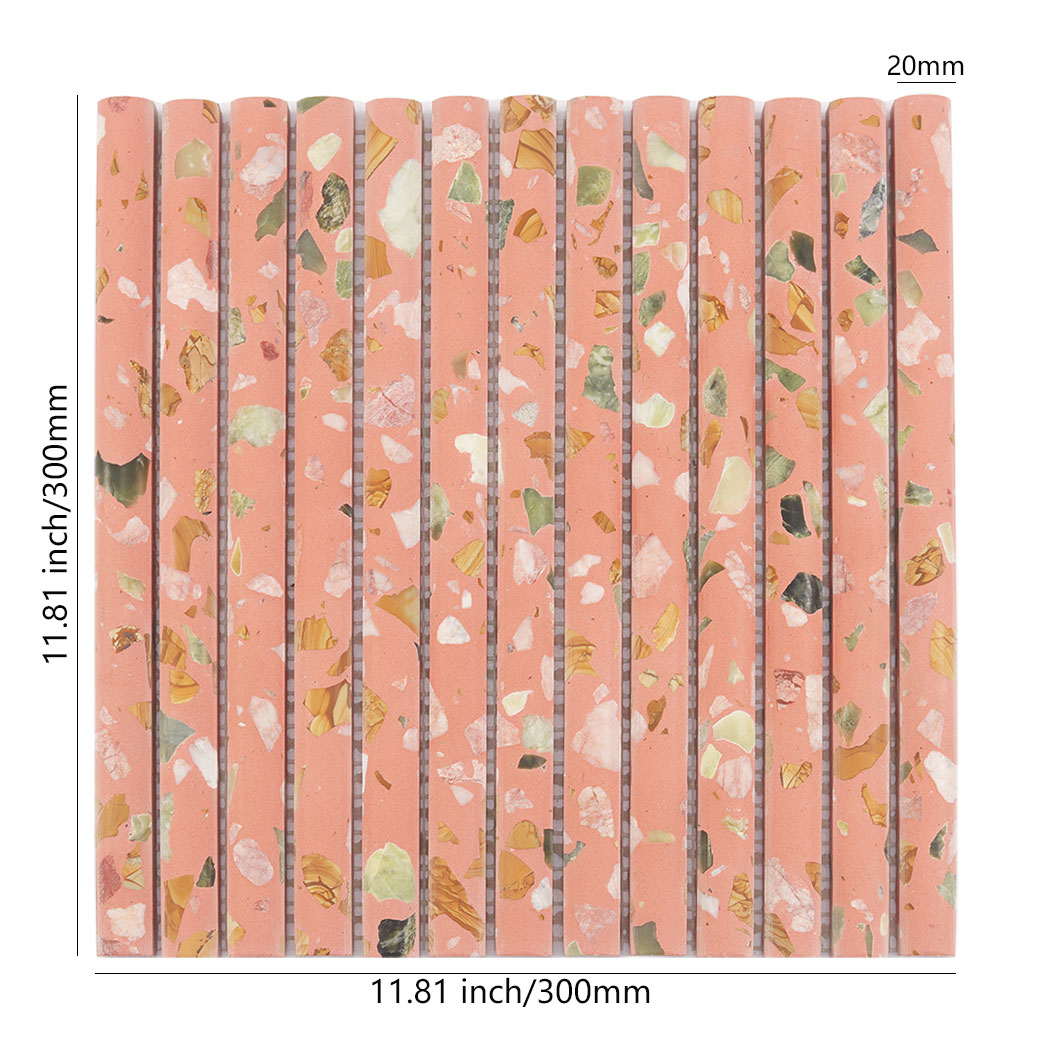 Pink terrazzo rounded fluted mosaic tile sheet with 20mm strips and 300mm size