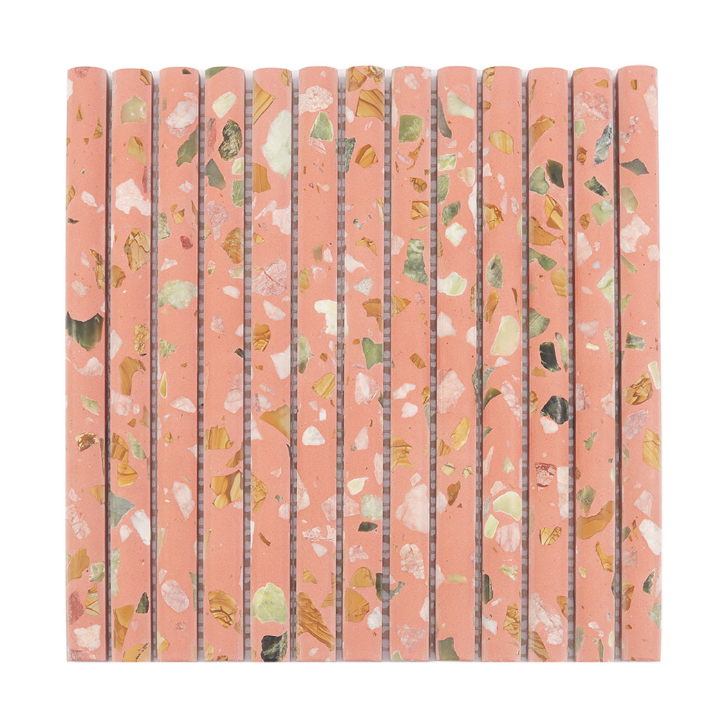 Full sheet of pink terrazzo rounded strip mosaic tile with multicolor stone chips