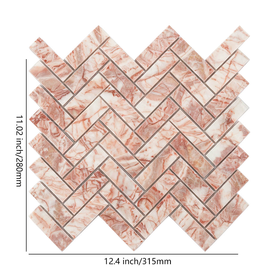 Pink and white herringbone marble mosaic tile with 12.4 by 11.02 inch dimensions