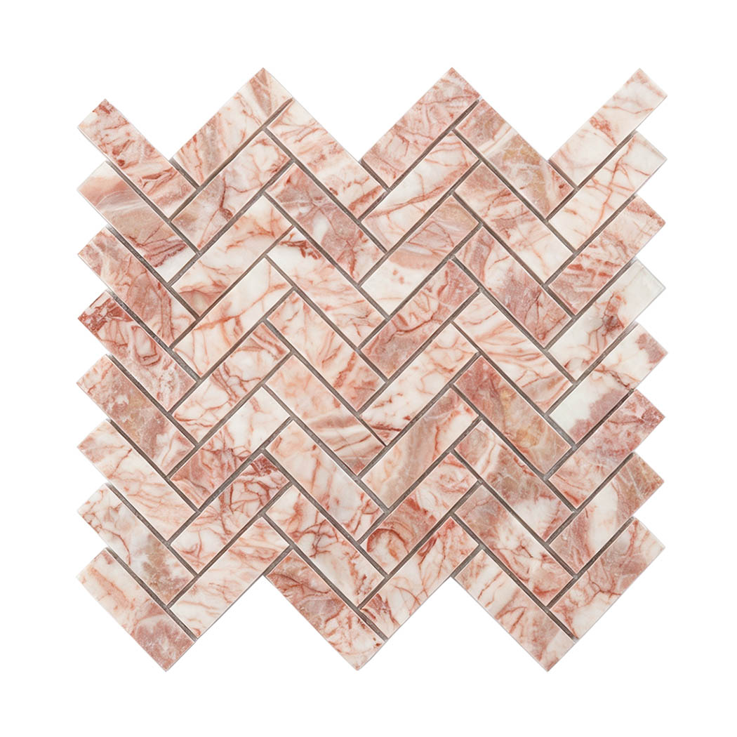 Pink and white veined marble mosaic tile in a classic herringbone pattern