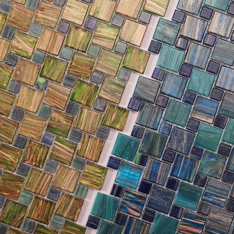 Multicolor pinwheel mosaic tiles with green, blue, and golden tones