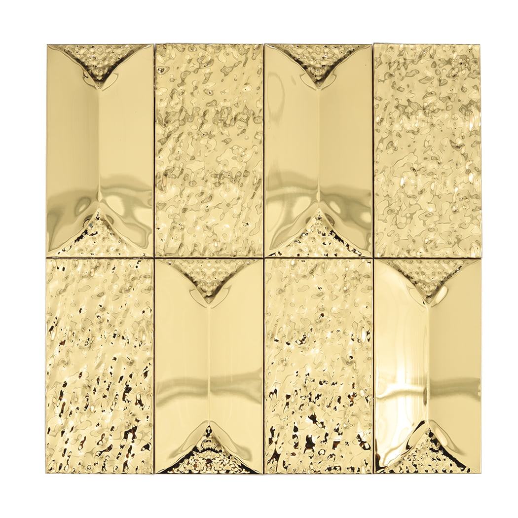 Full sheet of gold mosaic tiles featuring mixed polished and hammered textures.