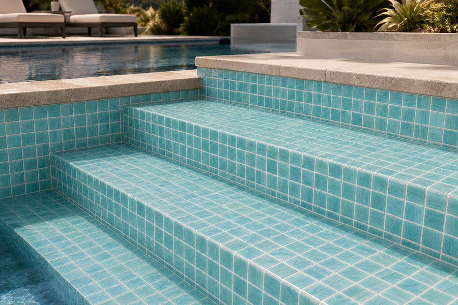 Pool step tiles on outdoor swimming pool stairs with turquoise mosaic and white grout