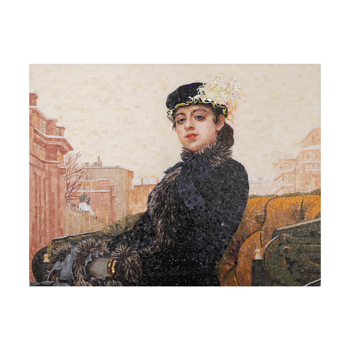 Mosaic wall art of a woman in fur coat seated in a carriage