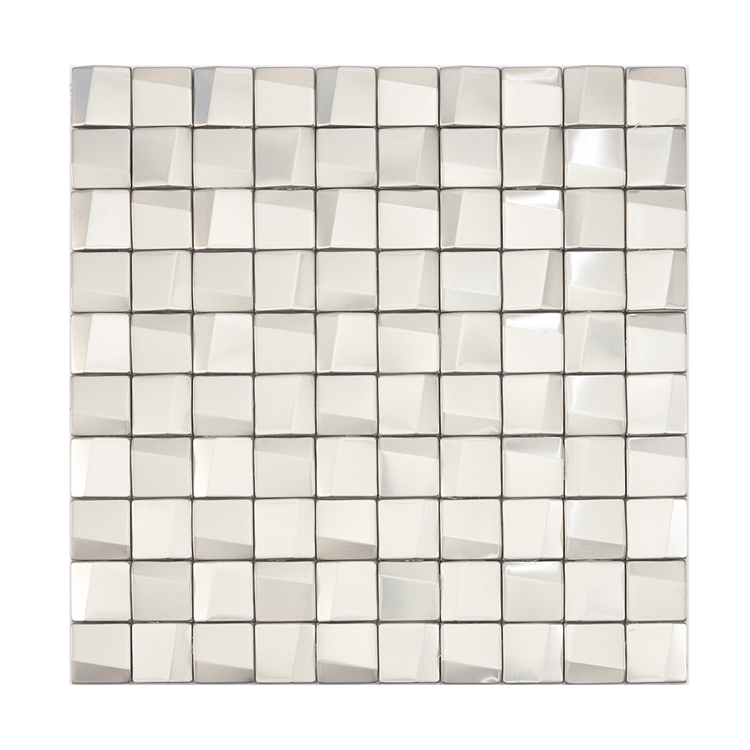 A full mesh-mounted sheet of small, brushed finish silver 3D square metal tiles.