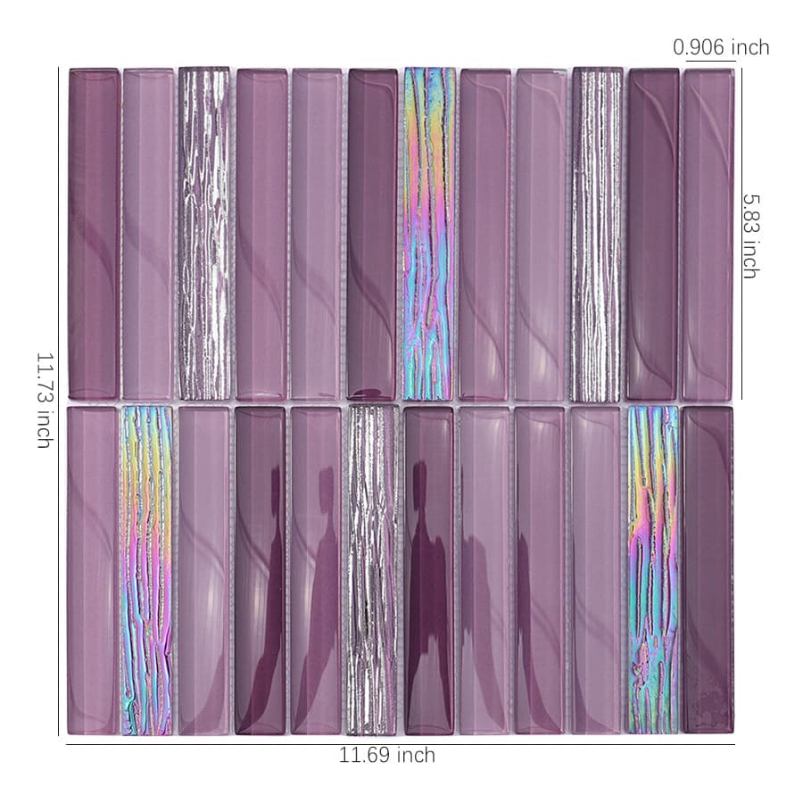 Purple iridescent crystal glass mosaic tile with size measurements