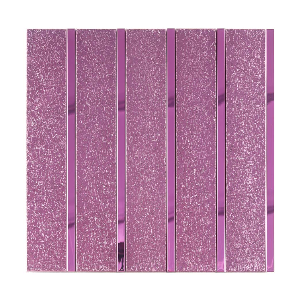 Purple glitter and glossy vertical stacked mosaic tile strips on white