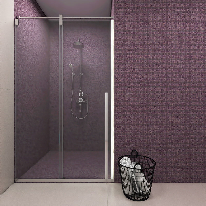Shower with dark purple glass mosaic tiles and a black wire basket holding white towels 