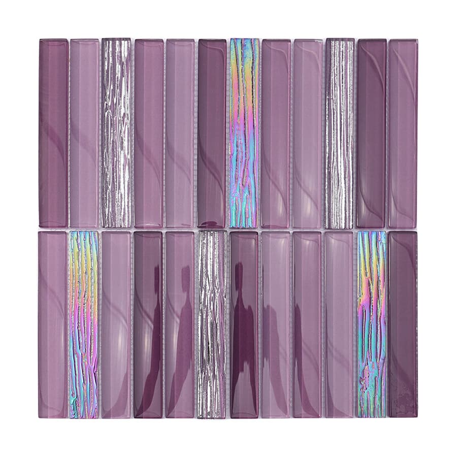Full sheet of purple iridescent stacked crystal glass mosaic tiles