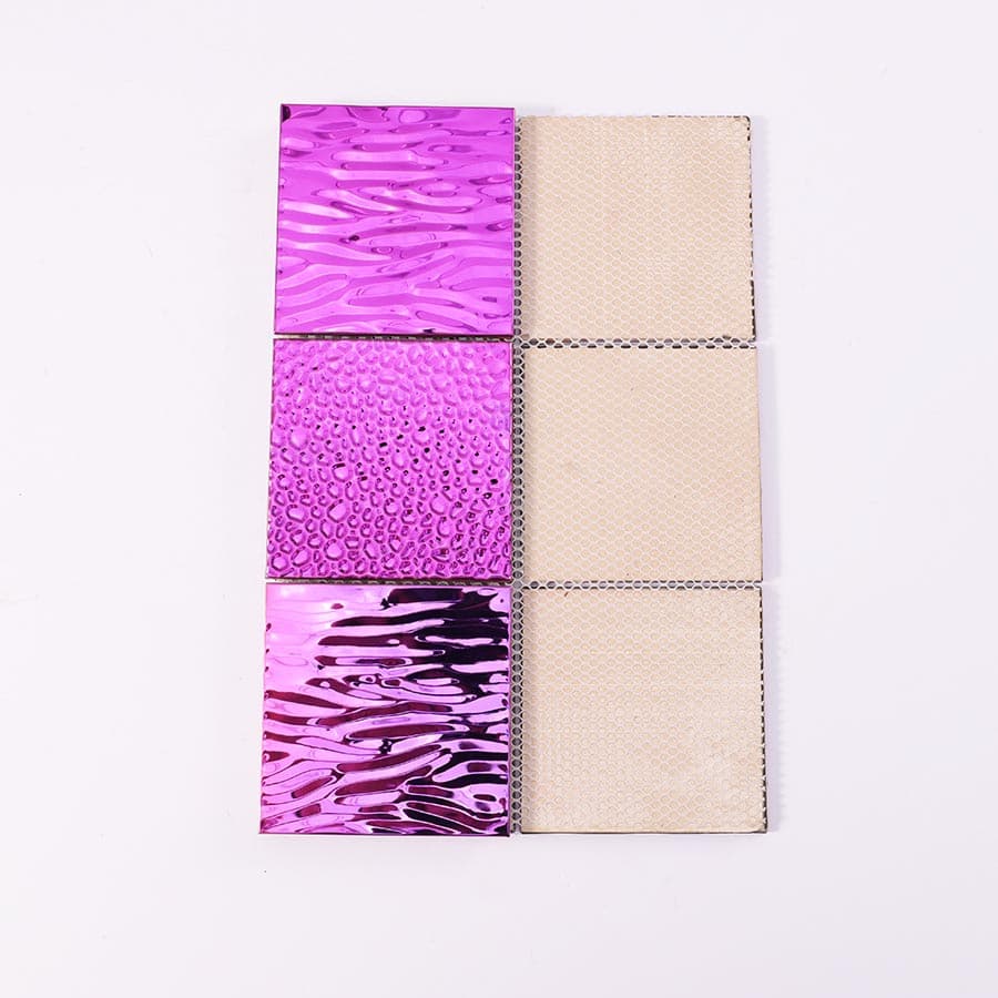 Back view of purple stainless steel mosaic tile with mesh backing