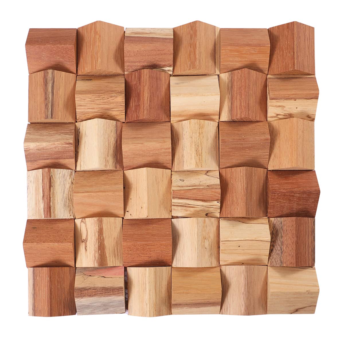 Pyramid-shaped 3D wood mosaic tile sheet with natural tones