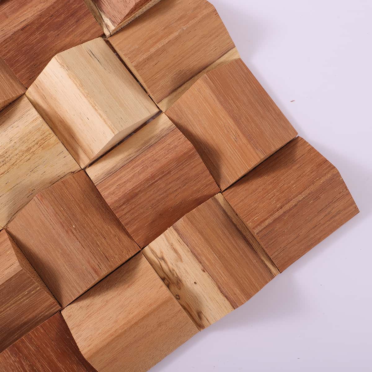 Natural wood mosaic tile with angular 3D geometric design