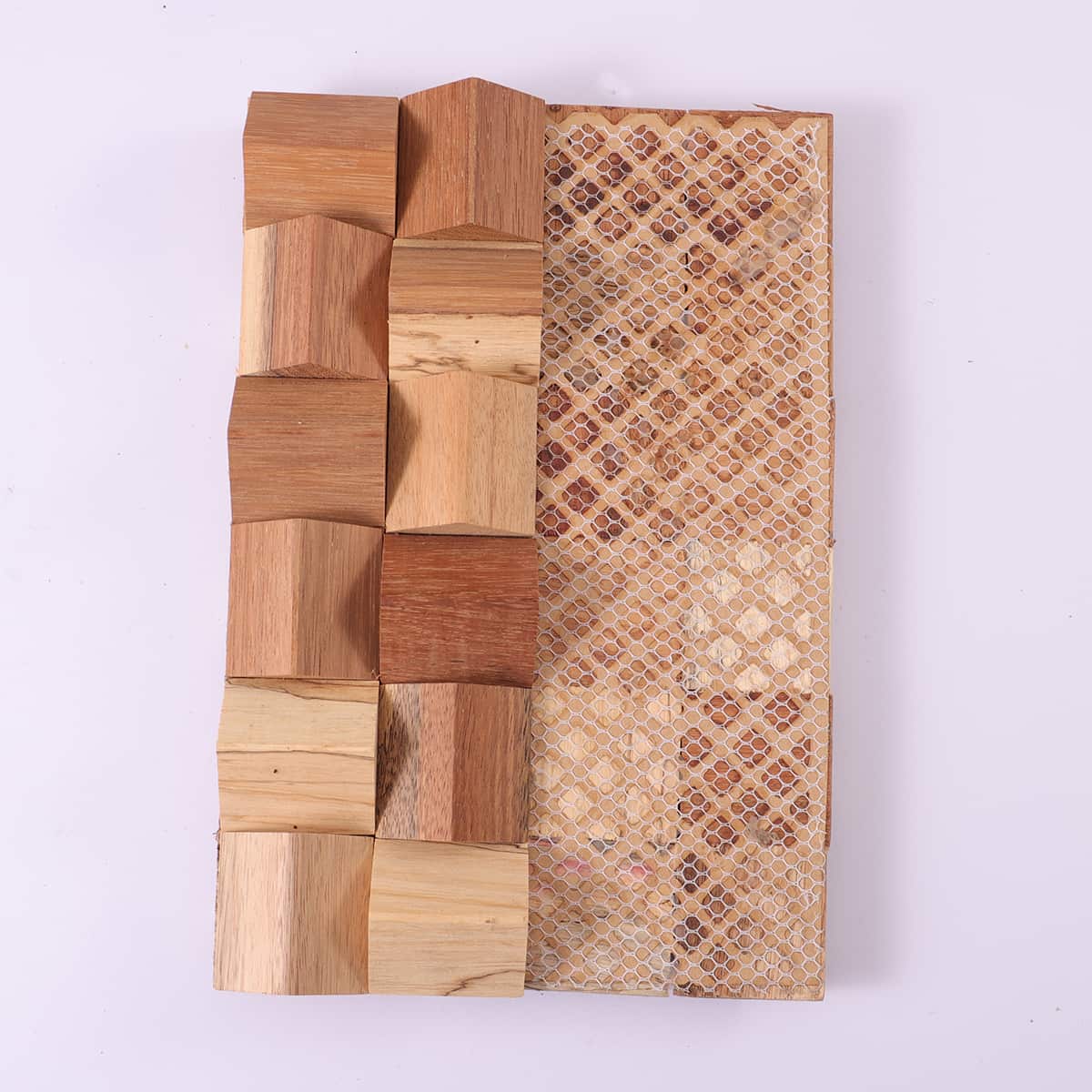Wood mosaic tile with mesh backing for simple wall application