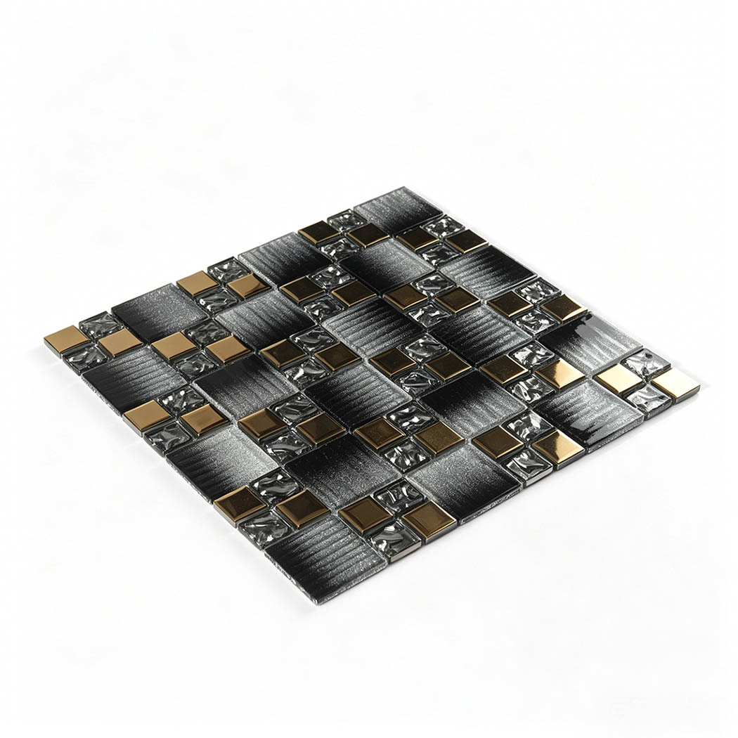 Angled sheet view of black silver and gold square glass mosaic on white background