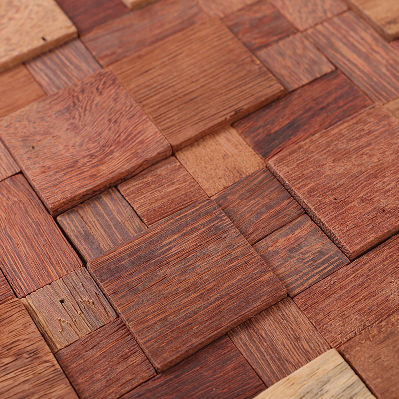 Real wood square mosaic tile with woven texture and rich natural grain