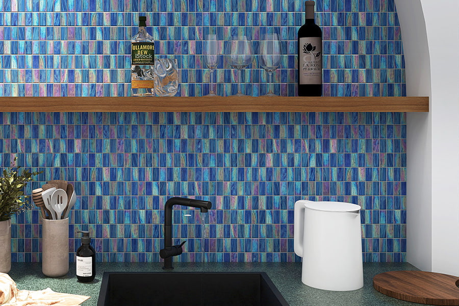 Blue rectangle backsplash tile with modern kitchen sink and shelf