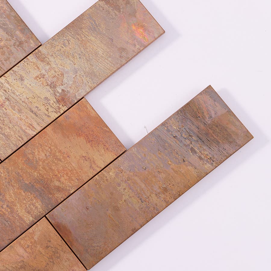 Close-up of the corner edge of copper mosaic tiles