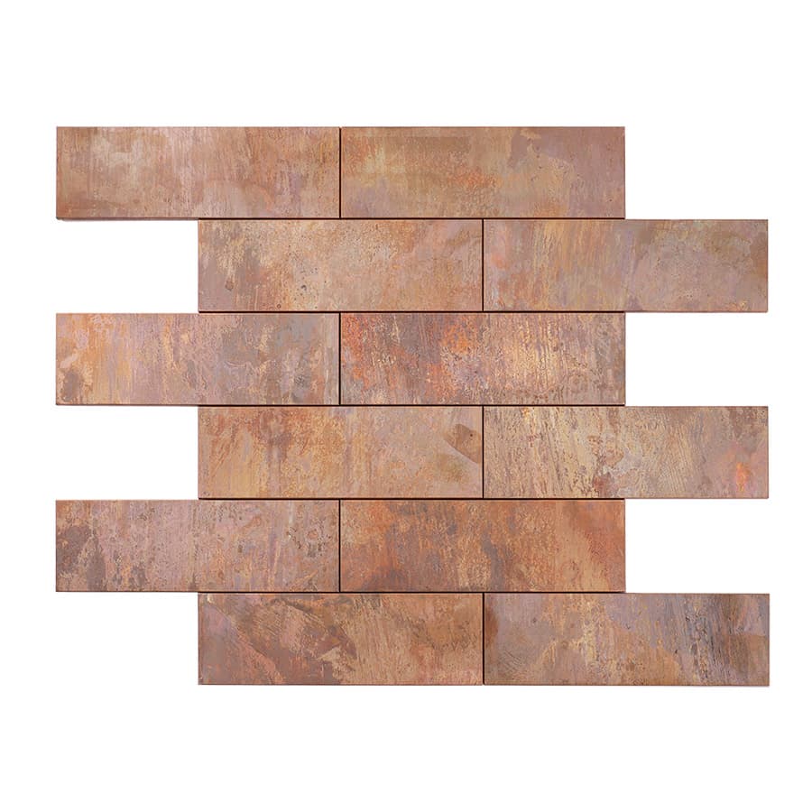 Front view of rustic rectangular copper mosaic tile sheet
