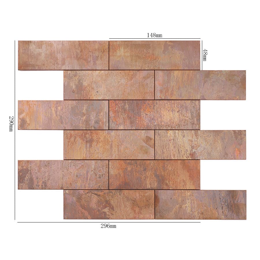Full sheet of rectangular copper mosaic tile with size labels