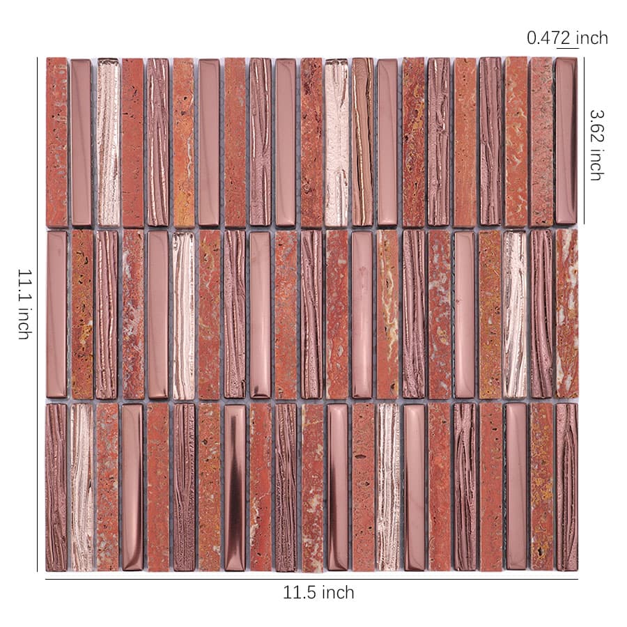Red and brown mosaic tile sheet with size measurements shown