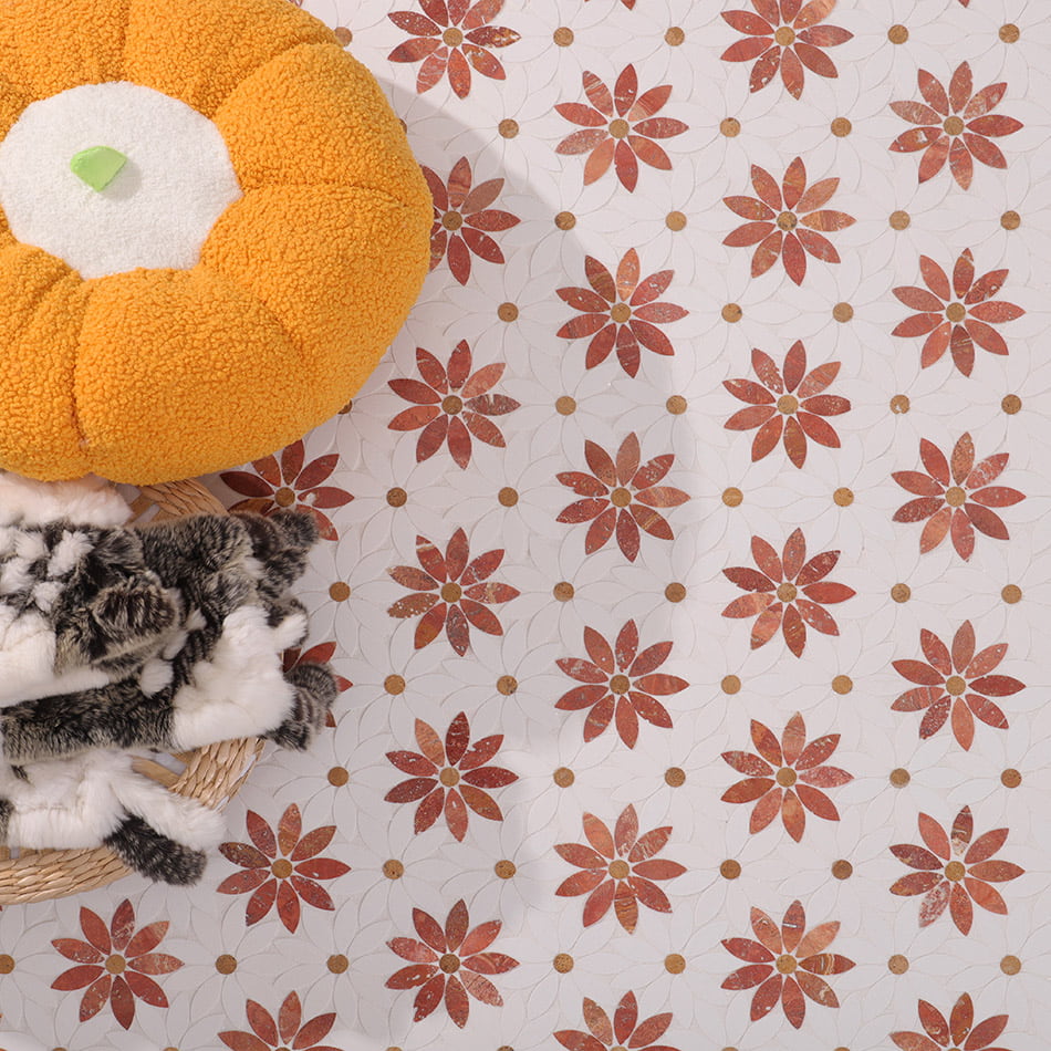 Daisy Marble Mosaic Tile White and Red Travertine