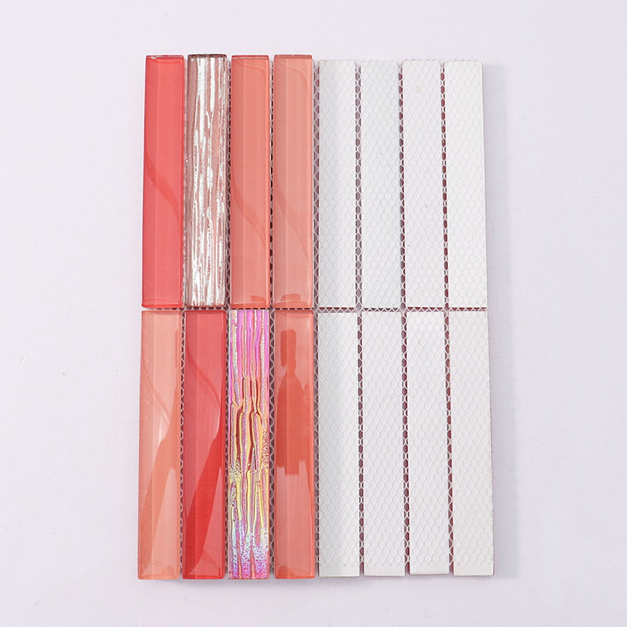 Back view of red and iridescent red crystal glass mosaic tile with mesh backing