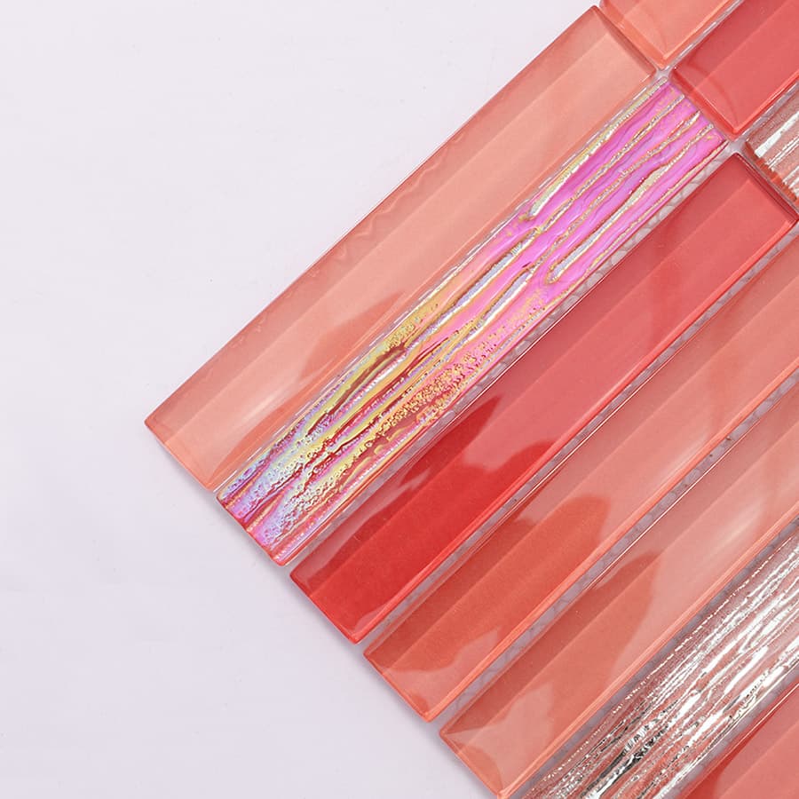 Corner close up of red and iridescent red crystal glass mosaic tile