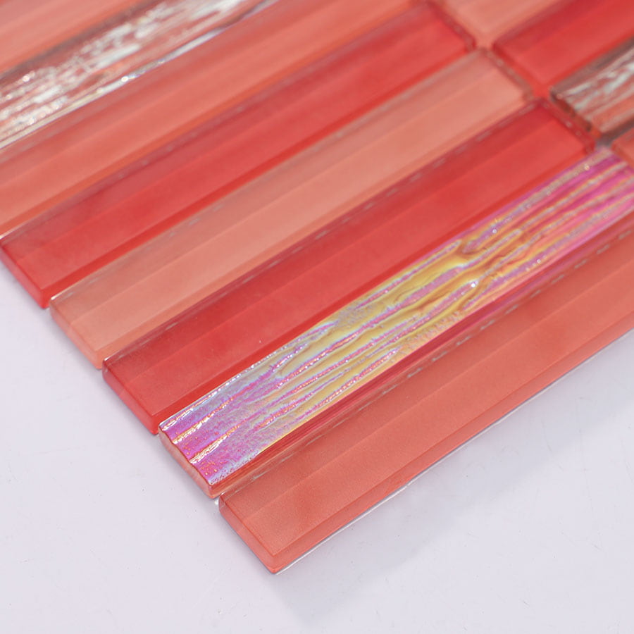 Side angle view of red and iridescent red crystal glass mosaic tile