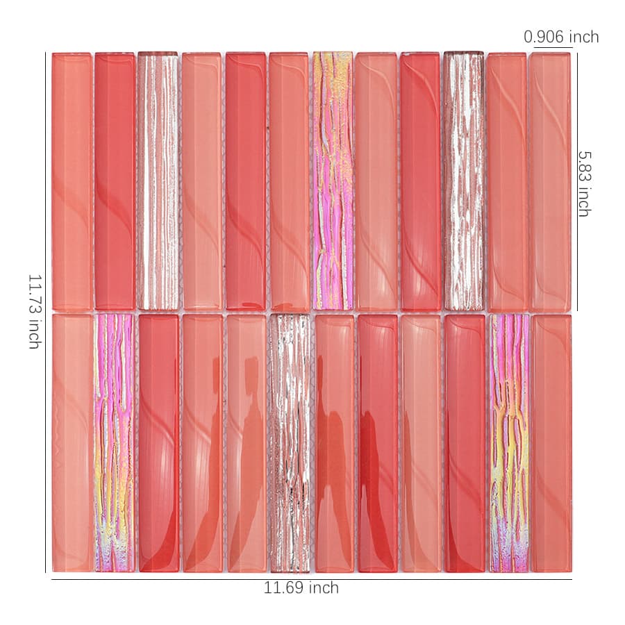 Red and iridescent red crystal glass mosaic tile with measurement dimensions