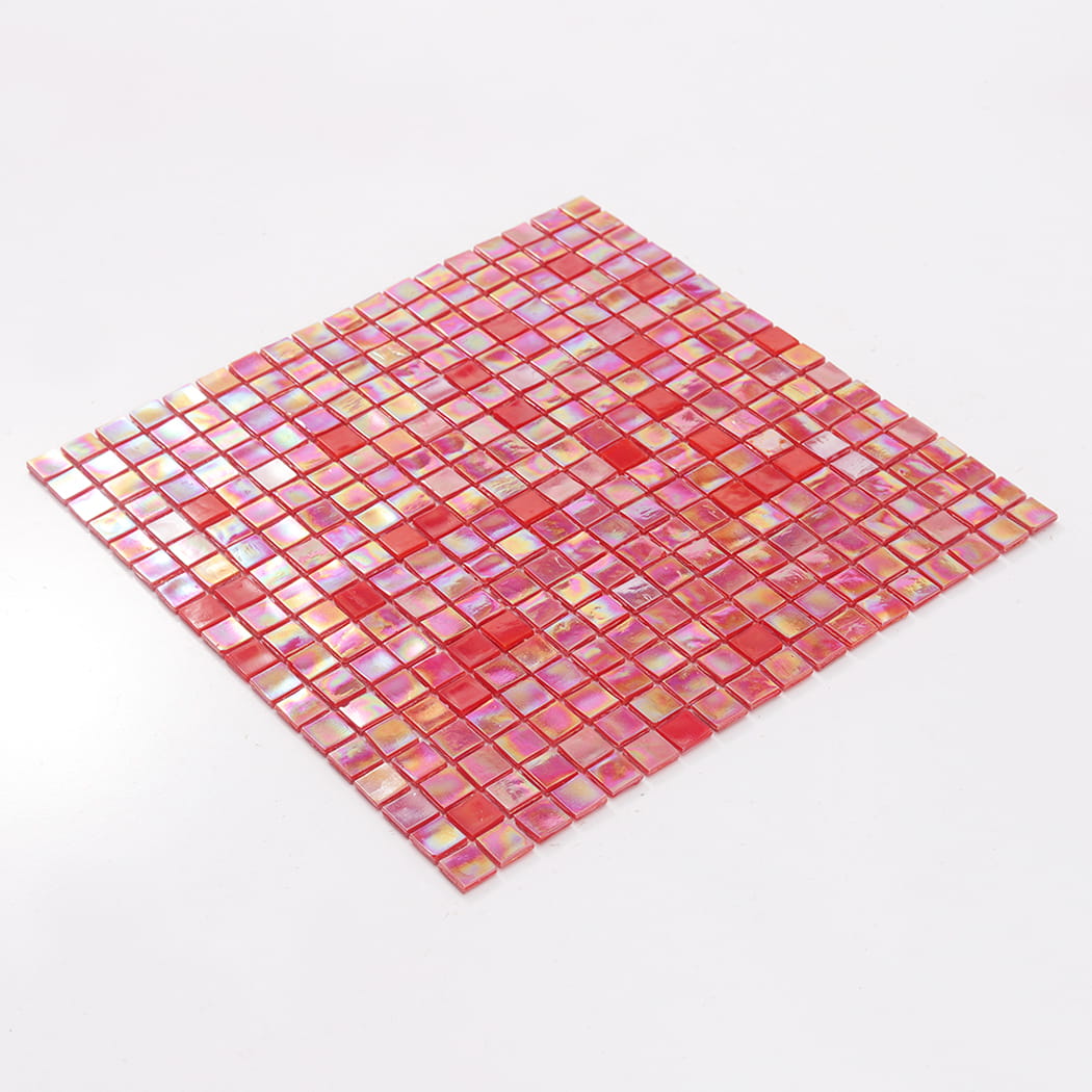 Angled view of a full red iridescent square glass mosaic tile sheet