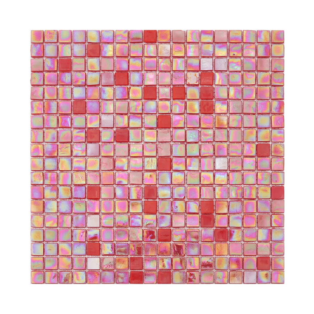 Full sheet of red iridescent square glass mosaic tile on a light background
