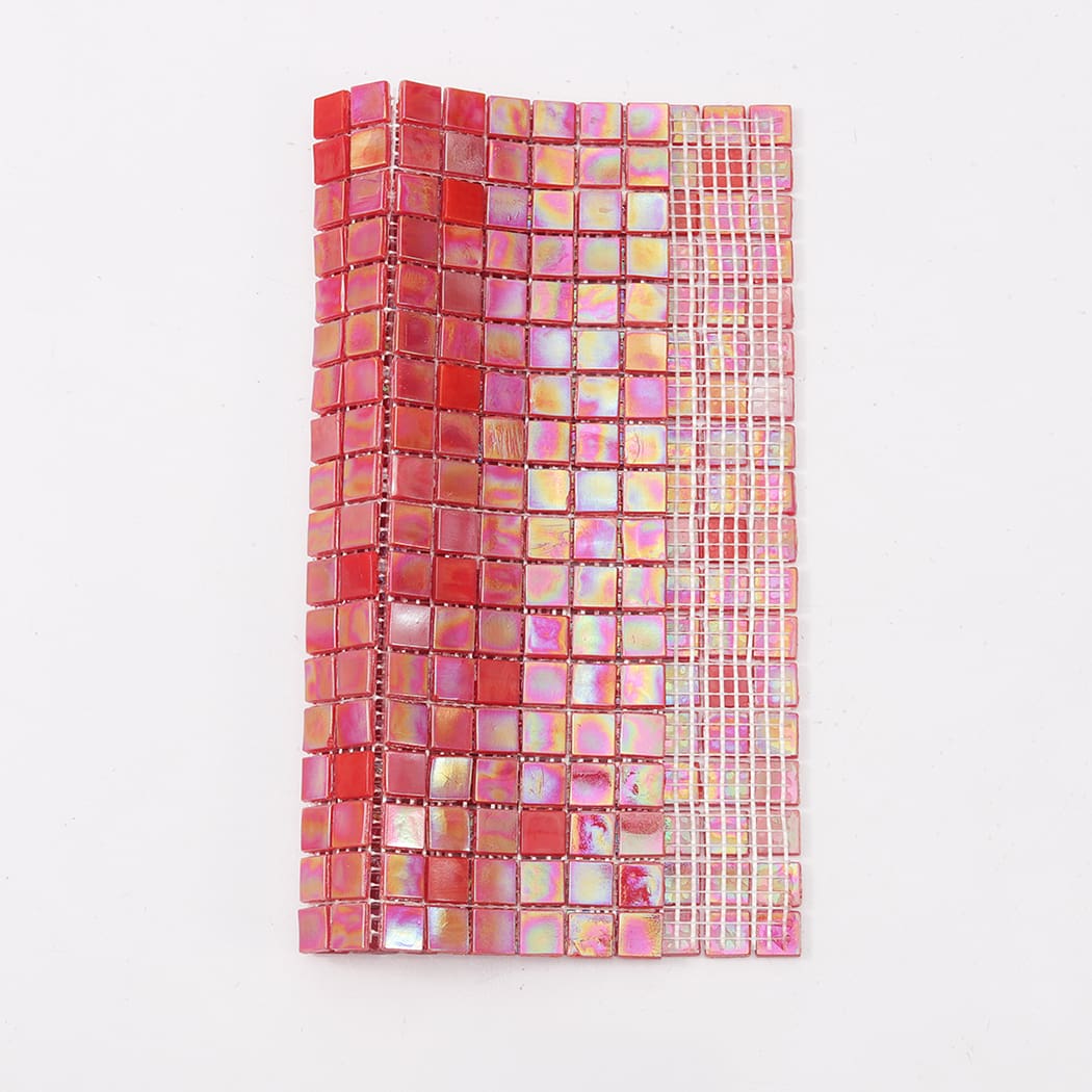 Red iridescent square glass mosaic tile sheet showing front and mesh backing