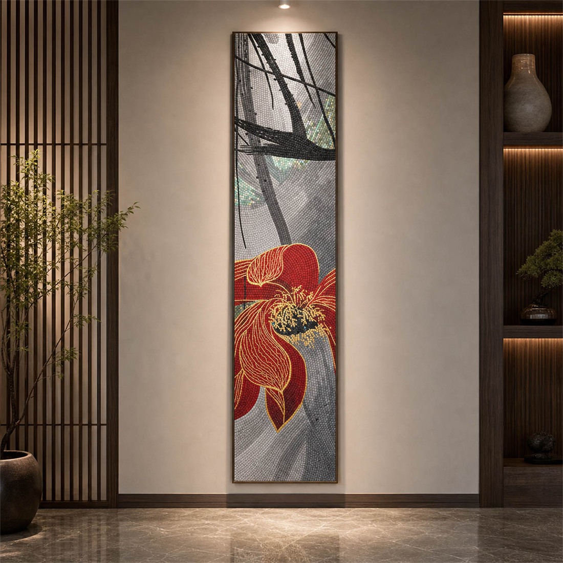 Red lotus mosaic wall mural installed in a modern interior space