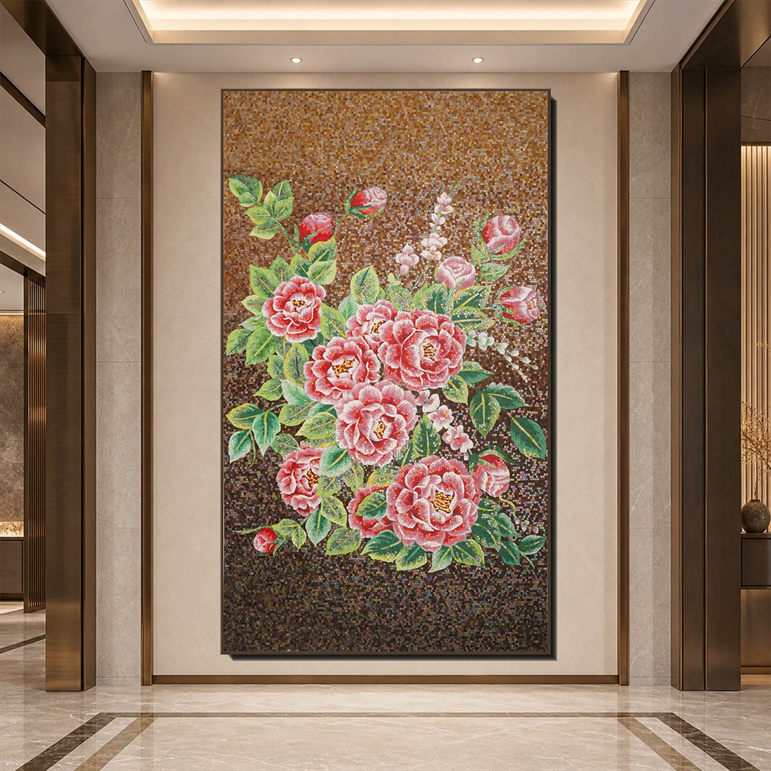 Red peony mosaic wall mural installed in a luxury lobby interior