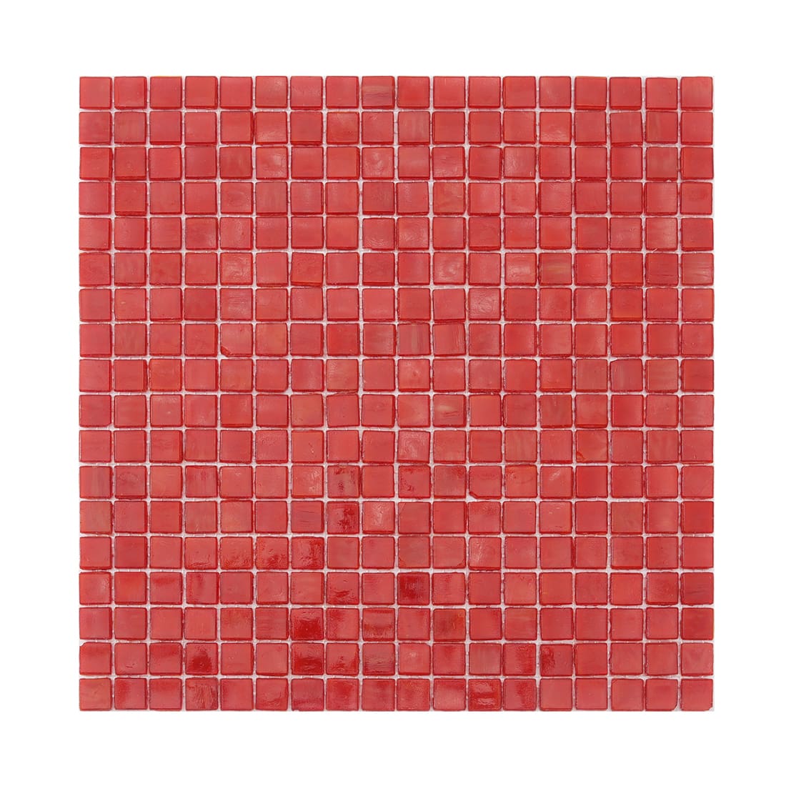 Full sheet of red square glass mosaic tile on a light background