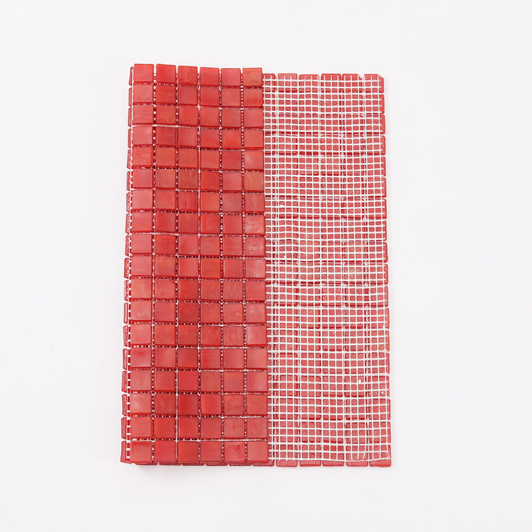 Red square glass mosaic tile sheet showing front and mesh backing