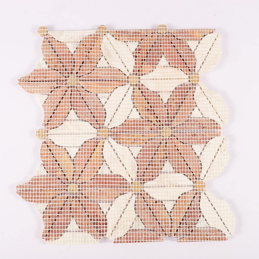 Back mesh view of red travertine and white flower marble waterjet mosaic tile.