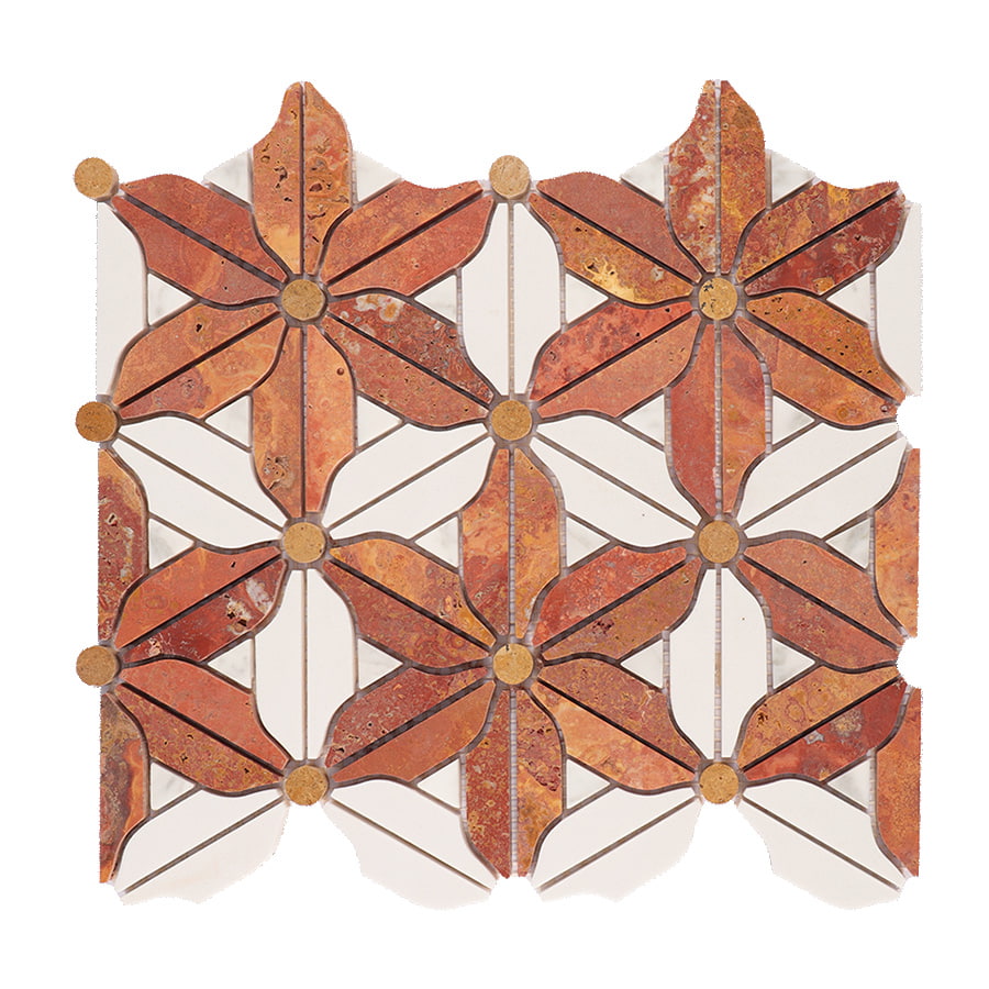 Front view of red travertine and white flower marble waterjet mosaic tile sheet.