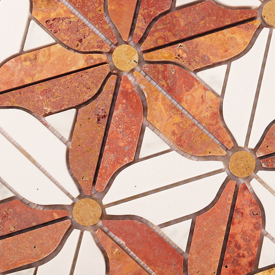Detailed pattern of red travertine and white marble flower waterjet mosaic tile.