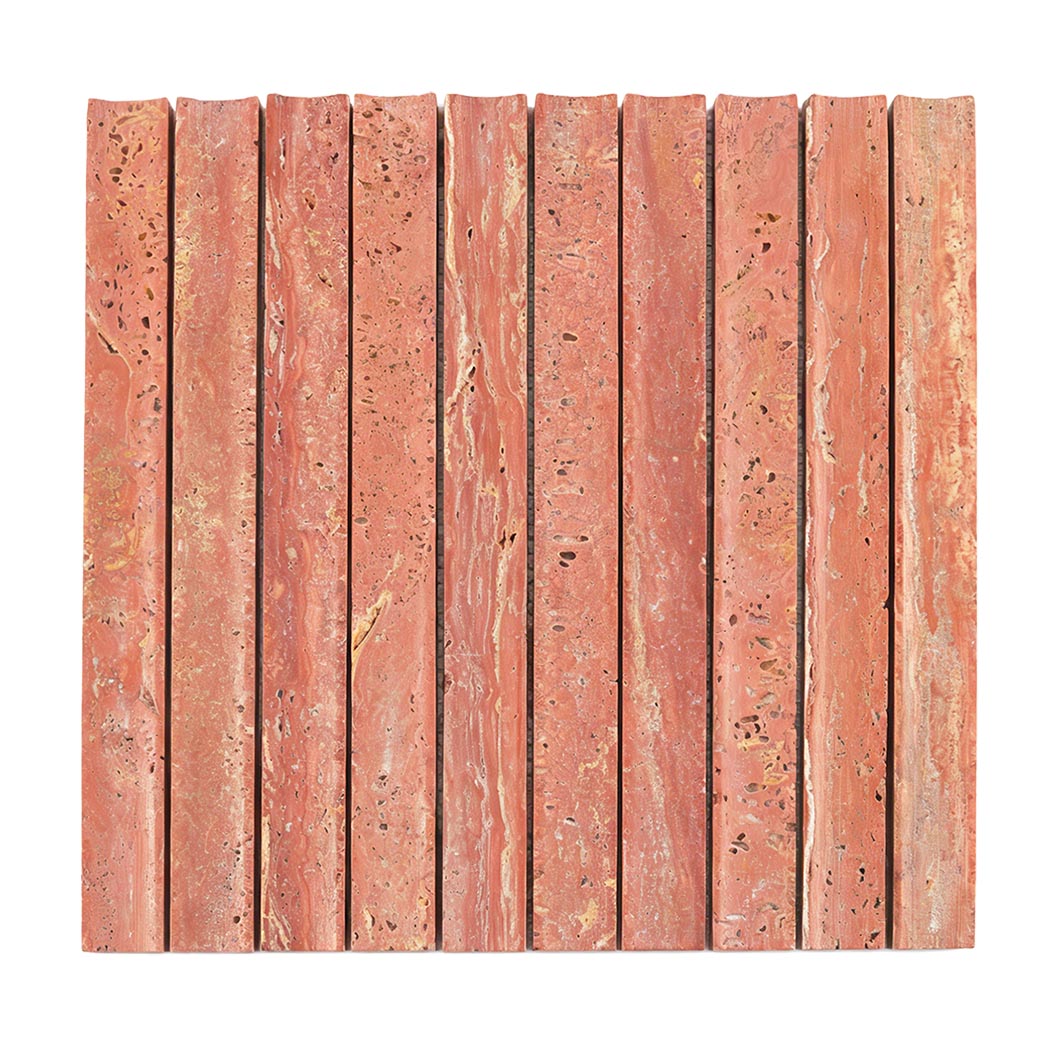 Full sheet of red travertine curved fluted mosaic tile with natural porous texture