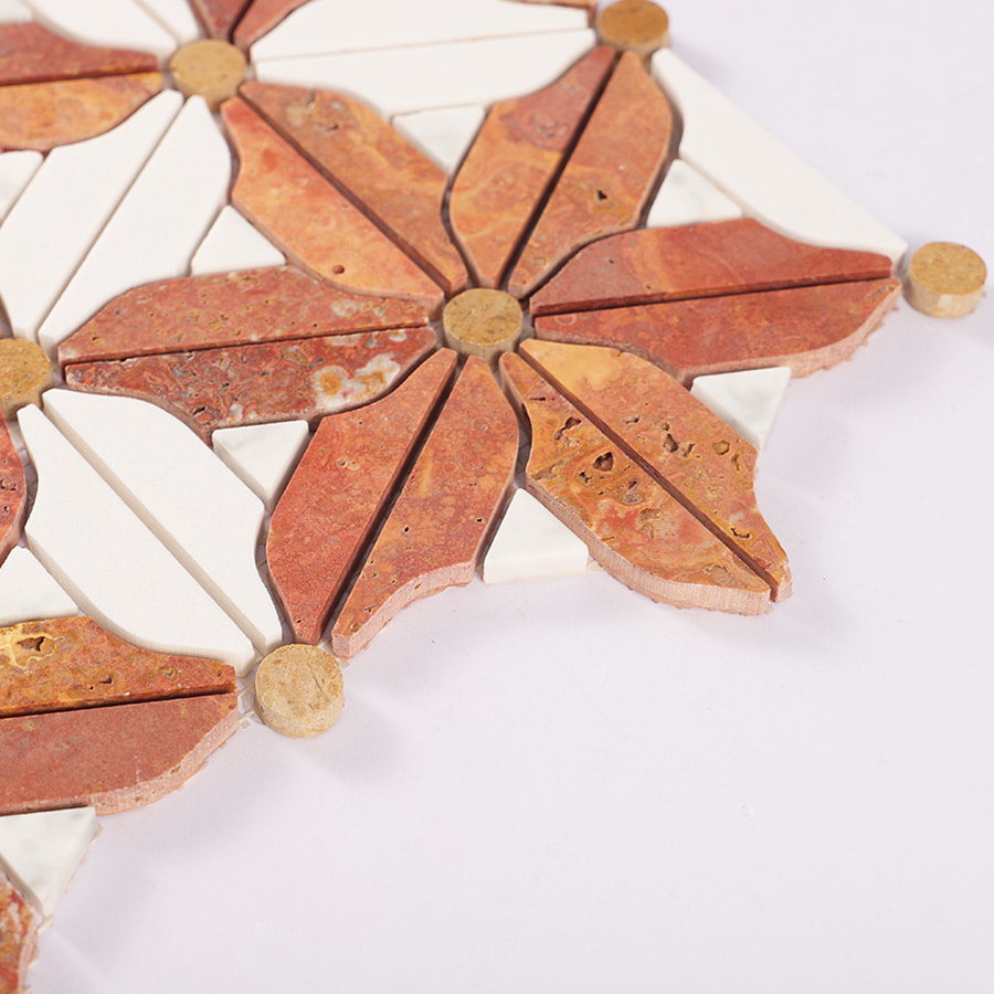 Edge view showing texture and thickness of red travertine flower marble mosaic tile.