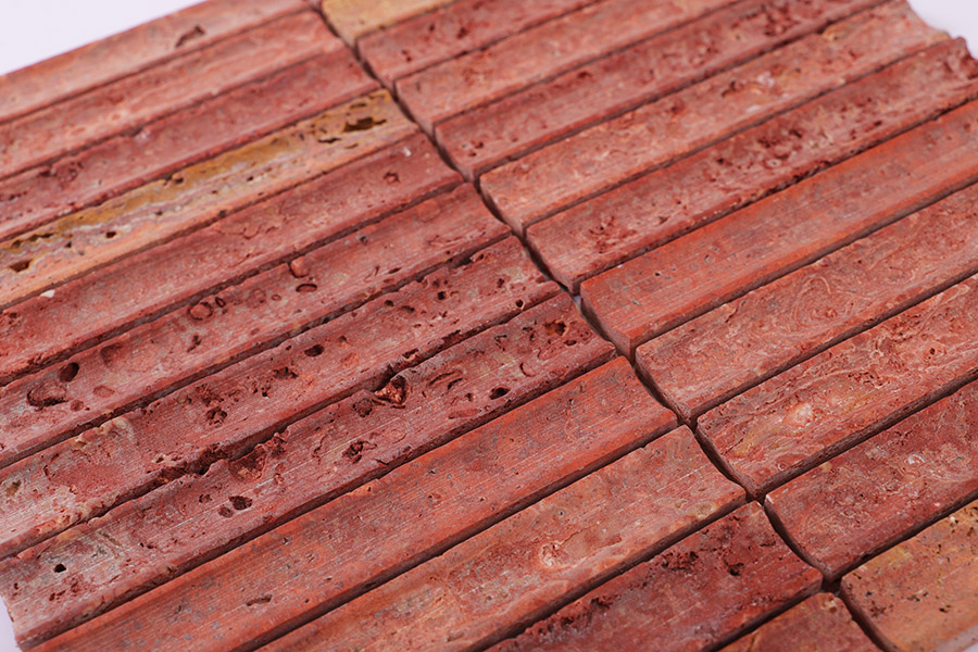 Red travertine fluted marble mosaic sheet with linear strip design