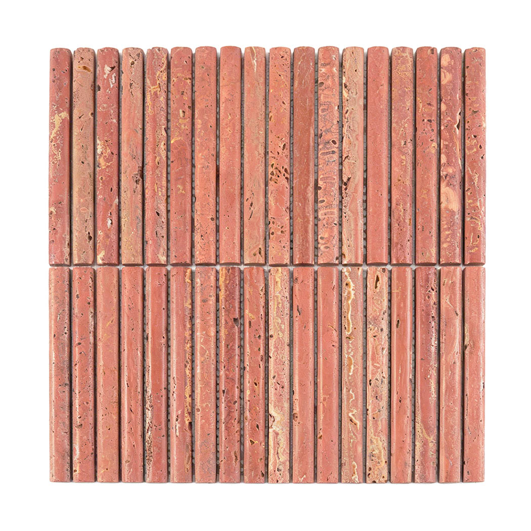 Full sheet of red travertine fluted mosaic tile with vertical rounded strips