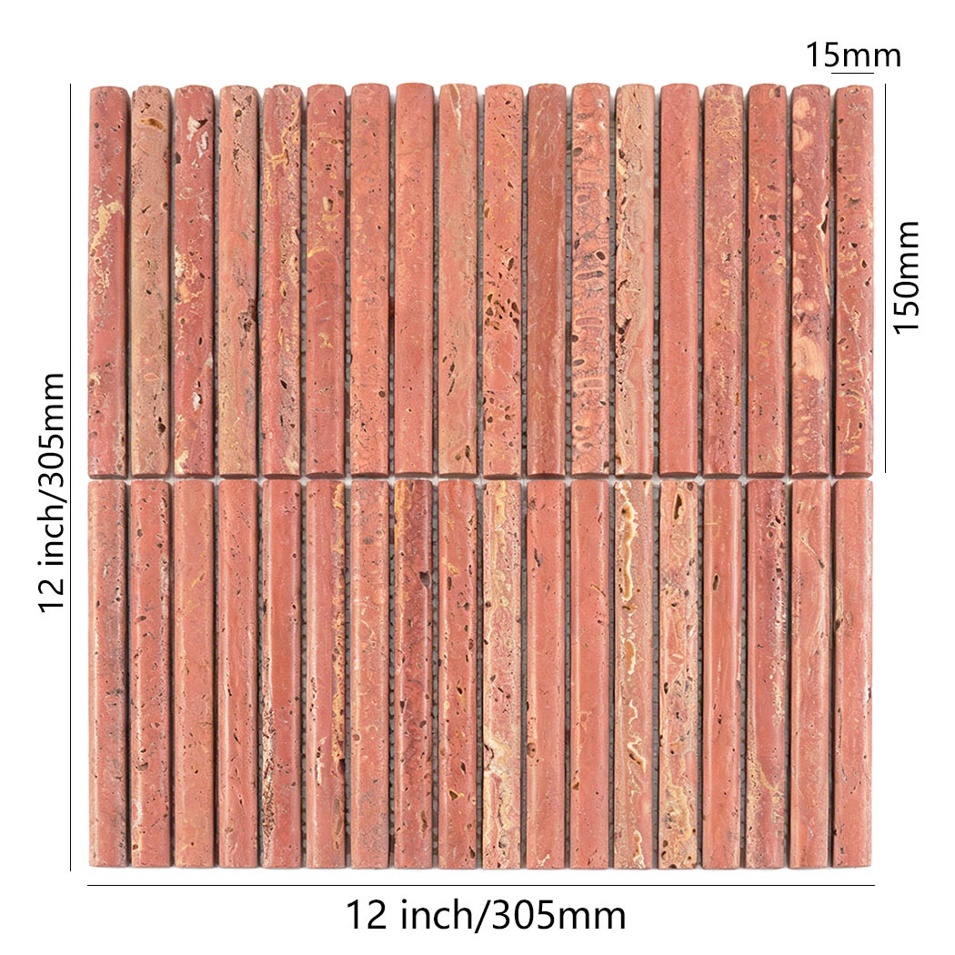 Red travertine fluted mosaic tile sheet with 15mm by 150mm strip size marks