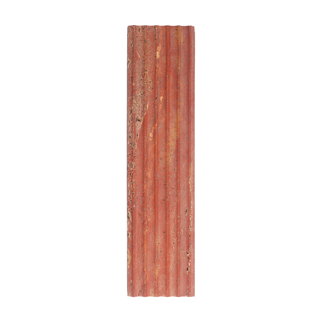 Front view of red travertine fluted tile with natural linear texture