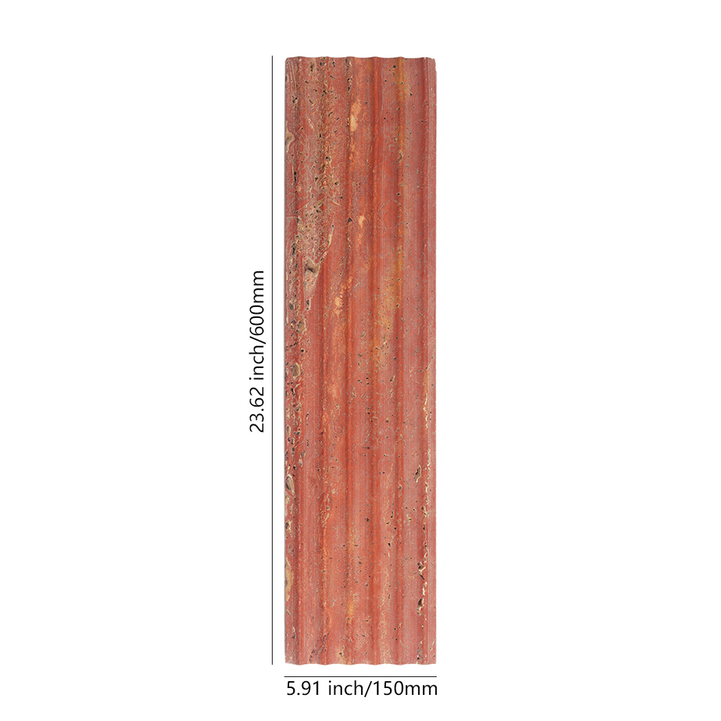Red travertine fluted tile showing 150mm by 600mm size
